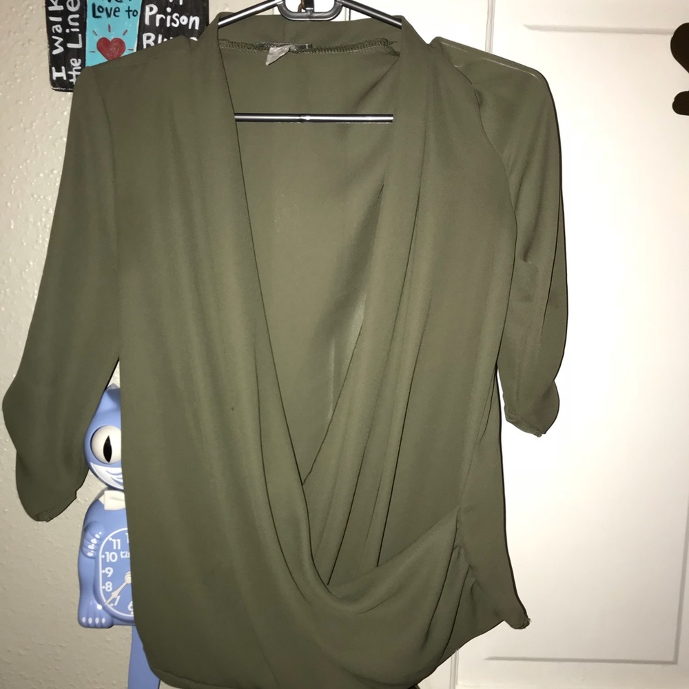 Army green open front blouse Small